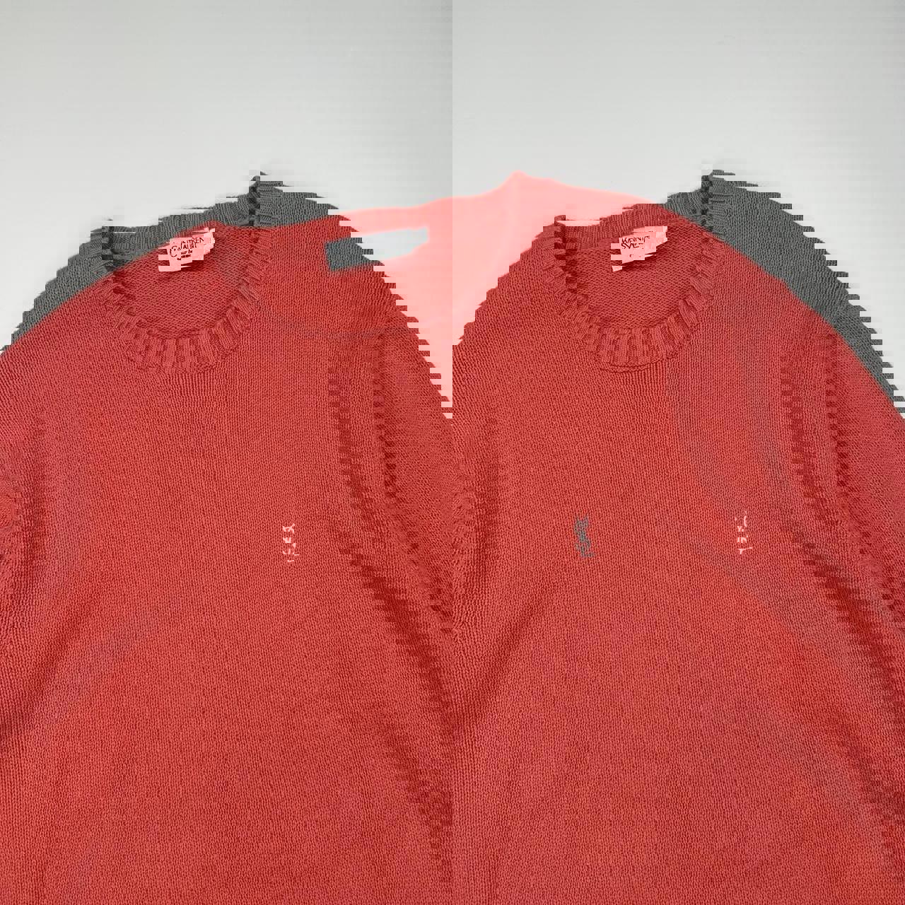 Vintage YSL Yves Saint Laurent knitted jumper in salmon / coral pink with white embroidered logo.