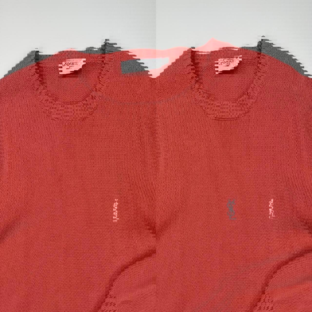 Vintage YSL Yves Saint Laurent knitted jumper in salmon / coral pink with white embroidered logo.