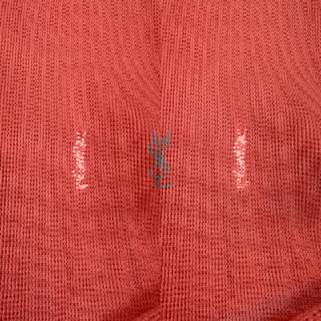 Vintage YSL Yves Saint Laurent knitted jumper in salmon / coral pink with white embroidered logo.