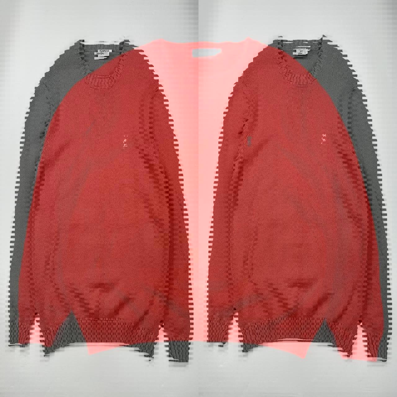 Vintage YSL Yves Saint Laurent knitted jumper in salmon / coral pink with white embroidered logo.