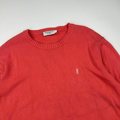 Vintage YSL Yves Saint Laurent knitted jumper in salmon / coral pink with white embroidered logo.