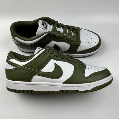 Nike Dunk Low in olive green and white.