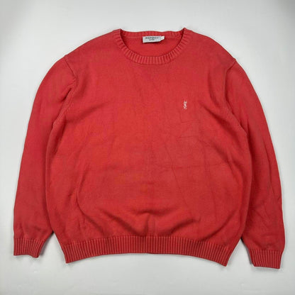 Vintage YSL Yves Saint Laurent knitted jumper in salmon / coral pink with white embroidered logo.